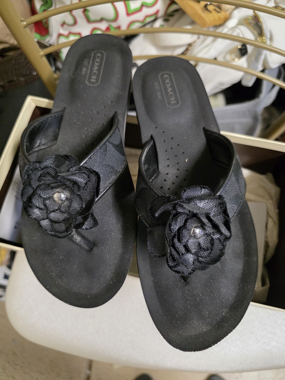 COACH Black Floral Thong Sandals with Embellished Flower